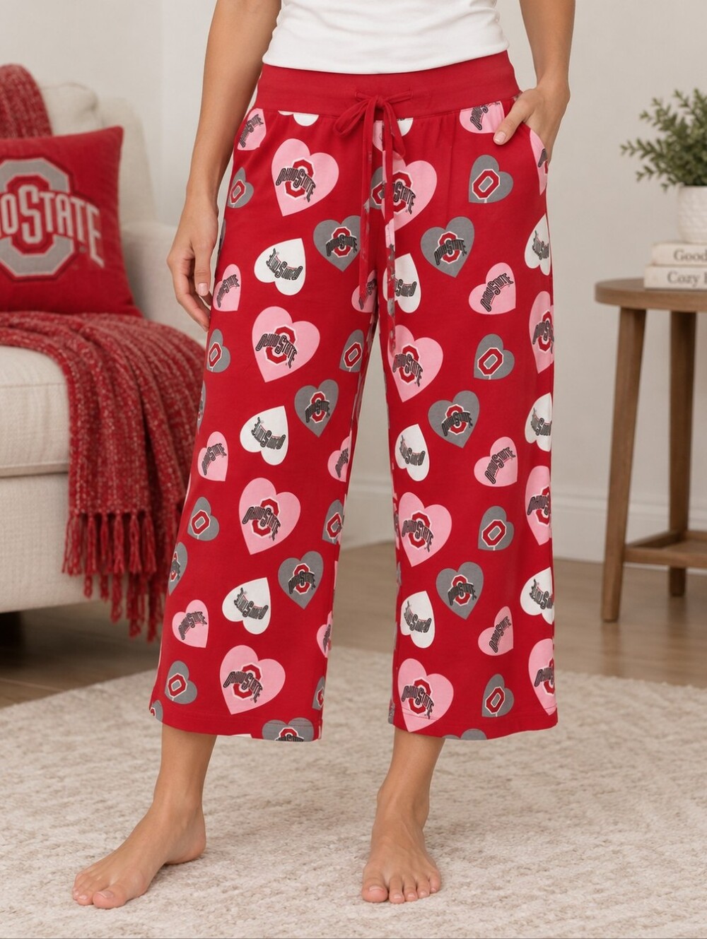 Ohio State Buckeyes Womens Wide Leg PJ Pants Size L Hearts Print OSU 100% Cotton